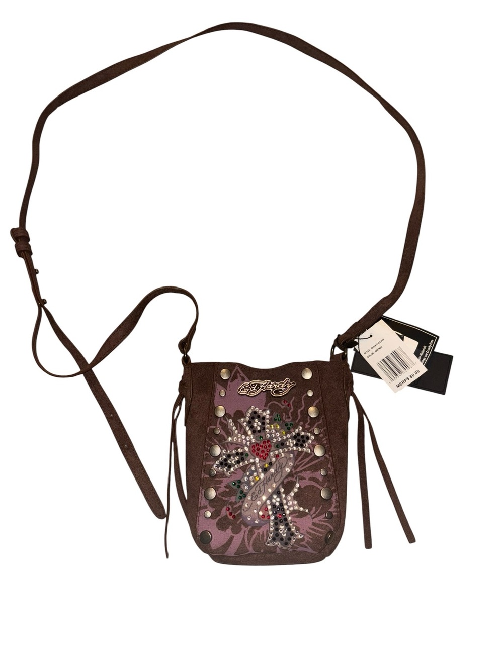Ed Hardy Brown Suede Embellished Crossbody Bag with Studs and Rhinestones